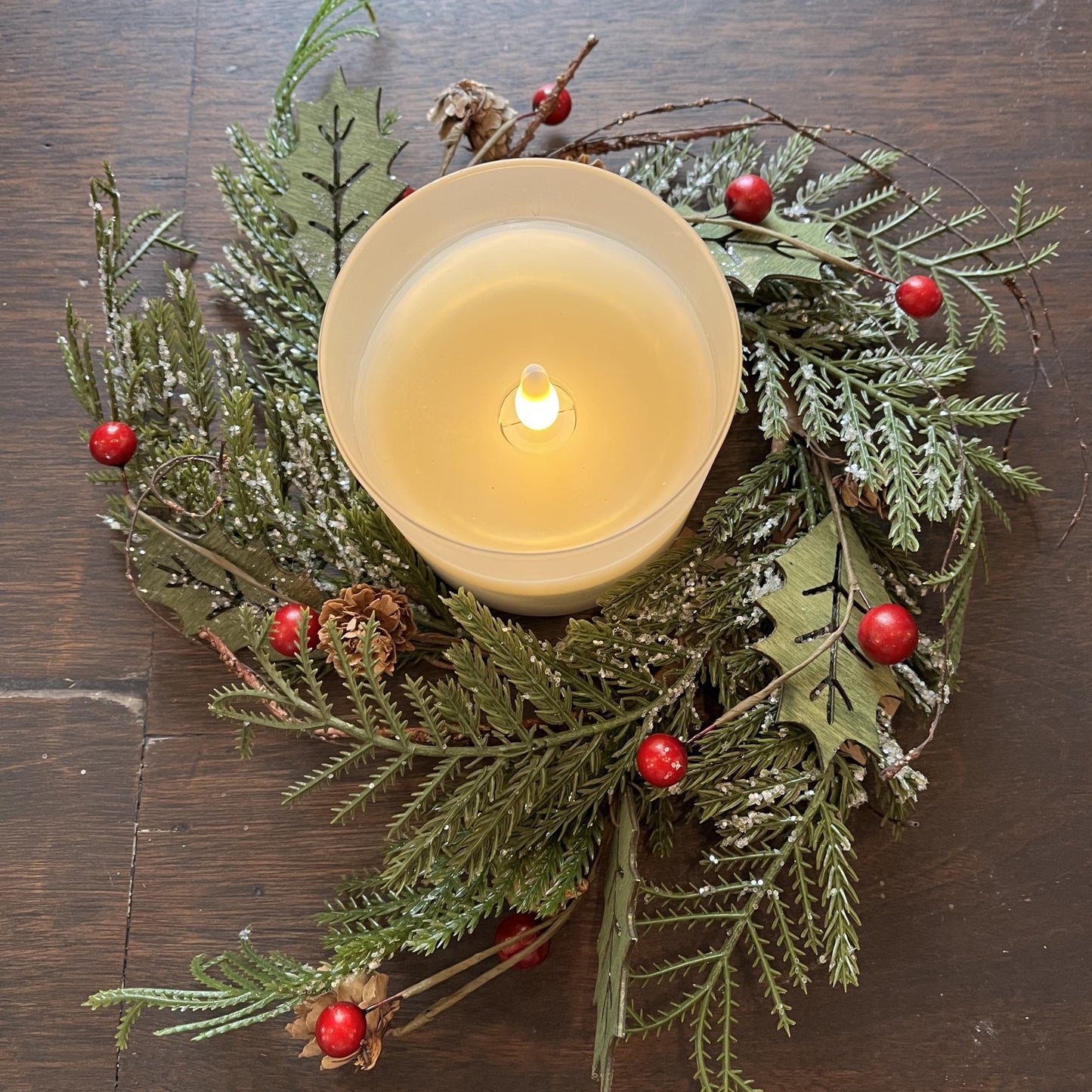 Wooden holly leaf & cedar 4-1/2” candle ring