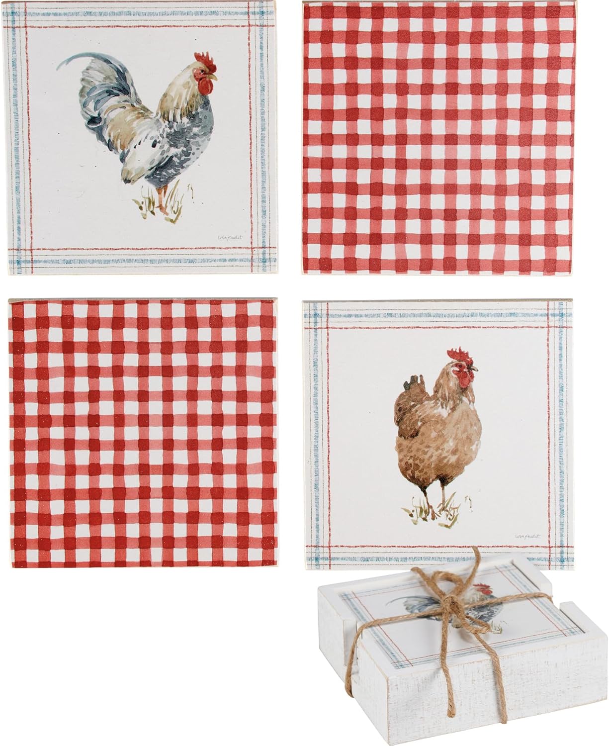 Roosters and gingham coaster set.