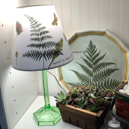 Green depression glass lamp with fern shade