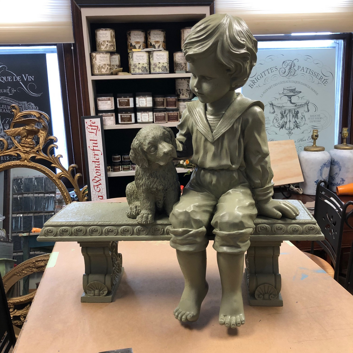 Boy with dog on bench