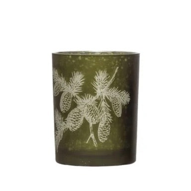 Green Mercury glass votive holder with etched pinecones