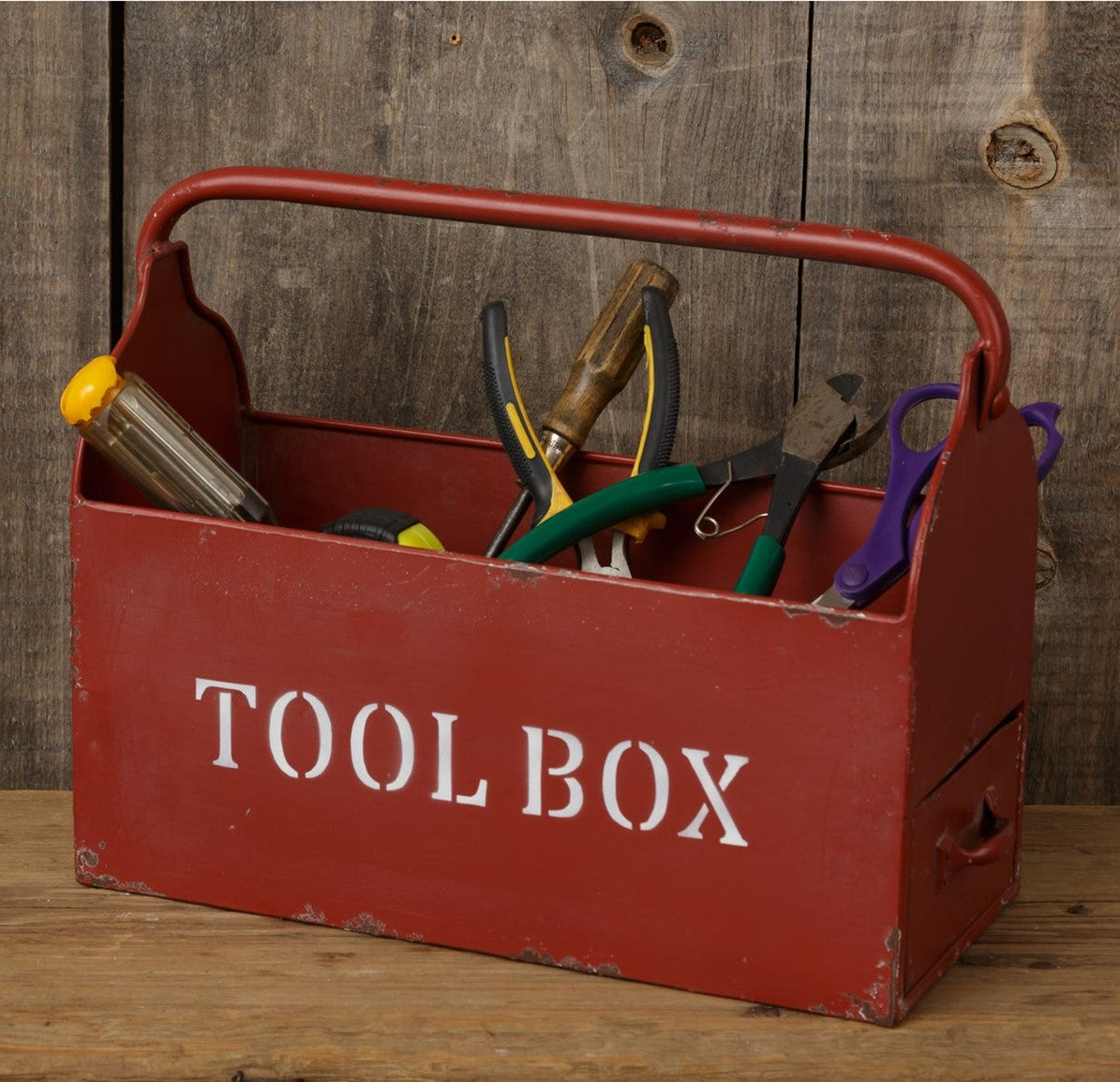 rustic metal toolbox with drawers